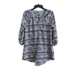 MUDPIE, WOMENS, BLUE & WHITE, PRINT TUNIC. GATHERED, NOTCHED NECKLINE. SIZE S
